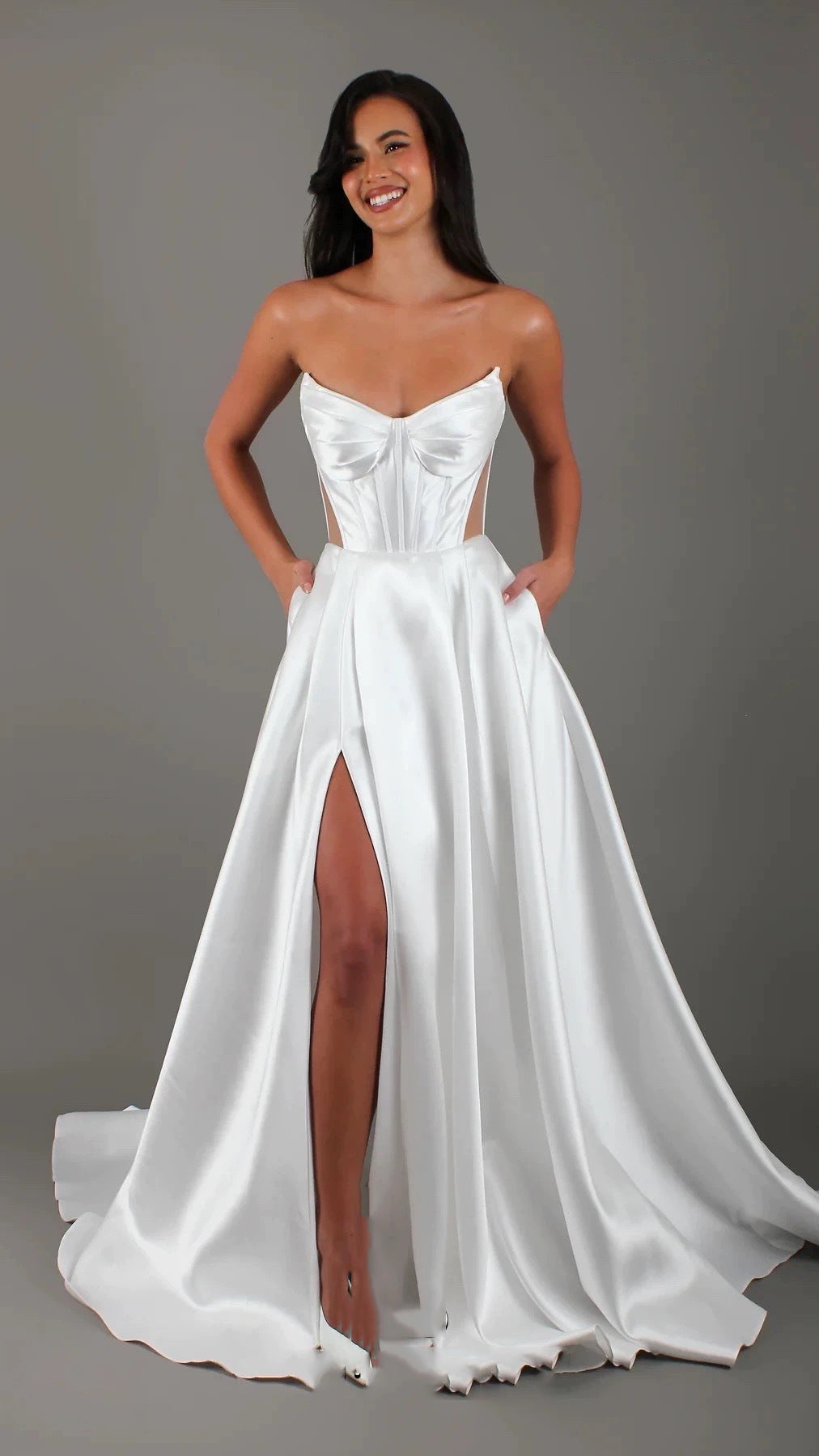 White Satin Slit Pocket Bandage Wedding Dress - Sculptify™