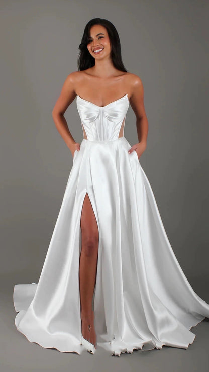 White Satin Slit Pocket Bandage Wedding Dress - Sculptify™
