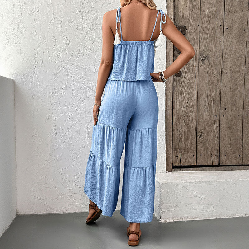 Strappy Top And Wide-leg Pants Textured Resort Set - Sculptify™