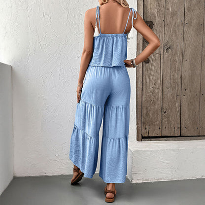 Strappy Top And Wide-leg Pants Textured Resort Set - Sculptify™
