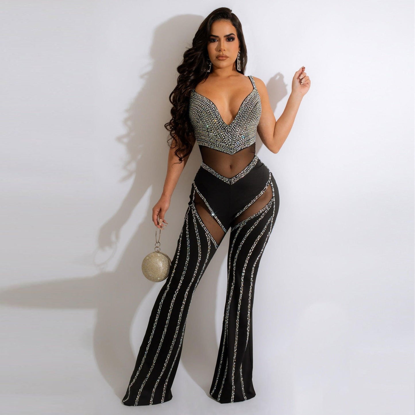 Women's See-through Deep V Rhinestone Jumpsuit - Sculptify™