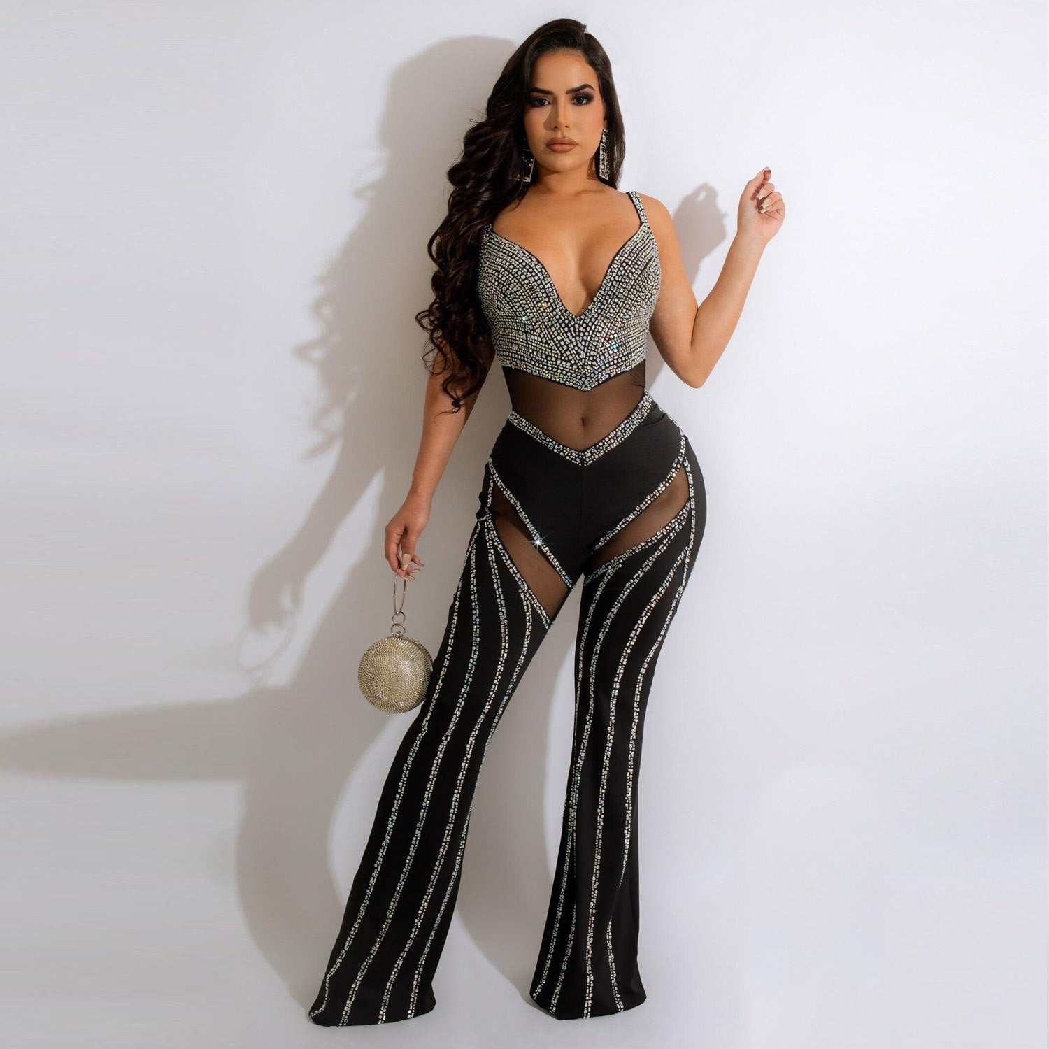 Women's See-through Deep V Rhinestone Jumpsuit - Sculptify™