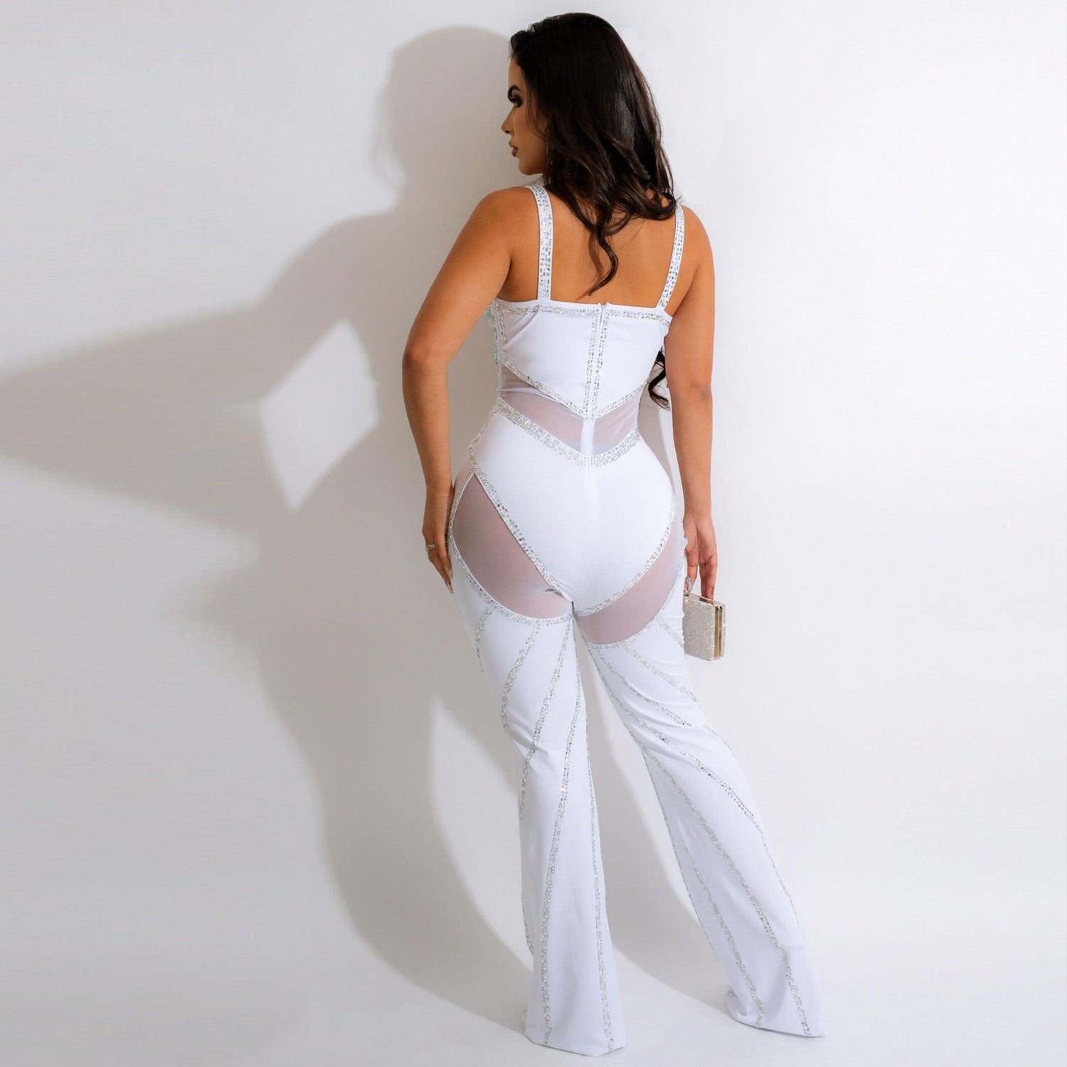 Women's See-through Deep V Rhinestone Jumpsuit - Sculptify™