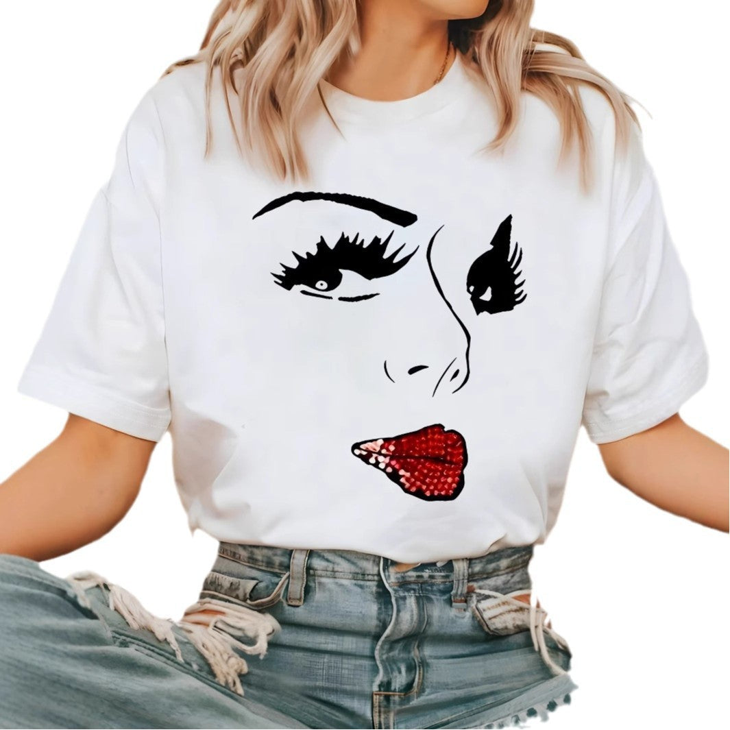 Loose-fitting Short-sleeve T-shirt With A Lip-print Design  Short sleeve t-shirts Sculptify™