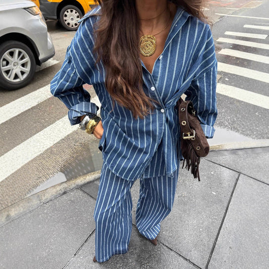 Casual, Relaxed-fit Striped Long-sleeve Shirt And Pants Set With A Turn-down Collar - Sculptify™