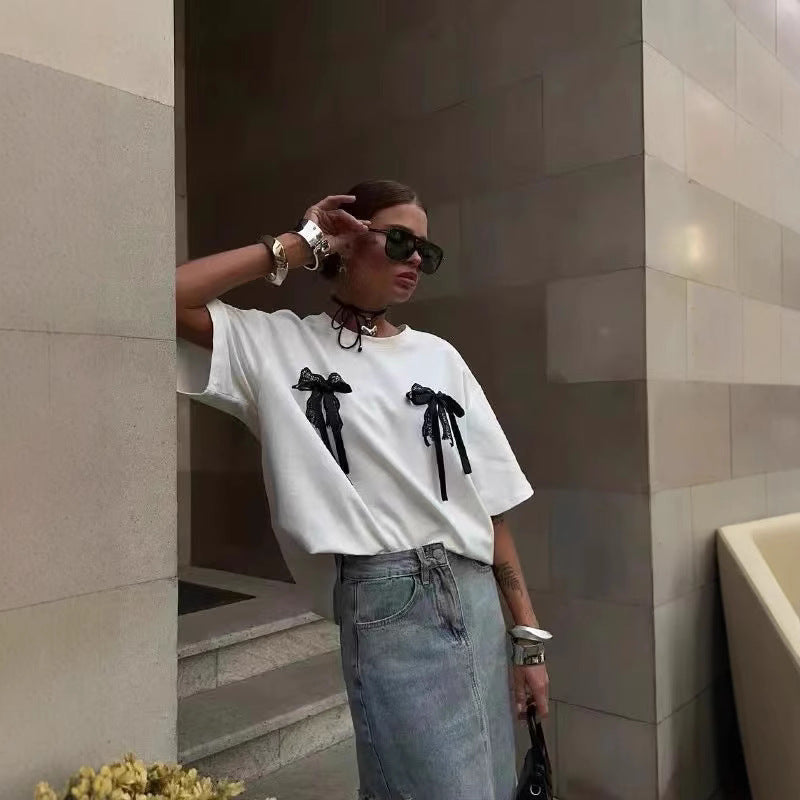Millennium Bowknot Short-sleeved T-shirt Women's Lace Stitching  Short sleeve t-shirts Sculptify™