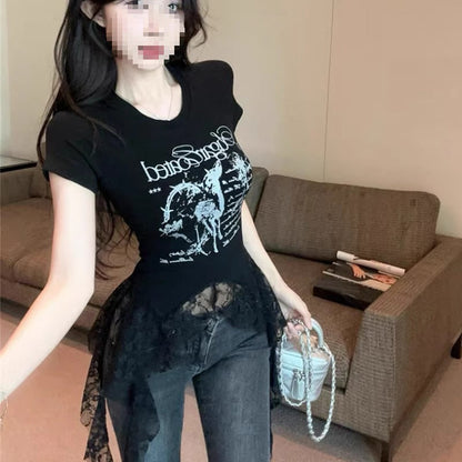 Lace-Panel American Chic Short-Sleeve Womens T-Shirt  Short sleeve t-shirts Sculptify™