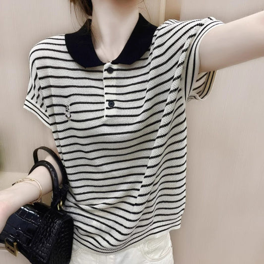 Ice Silk Short Sleeve Striped Embroidery Contrast Color Button Polo  Short sleeve t-shirts Sculptify™