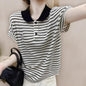 Ice Silk Short Sleeve Striped Embroidery Contrast Color Button Polo  Short sleeve t-shirts Sculptify™