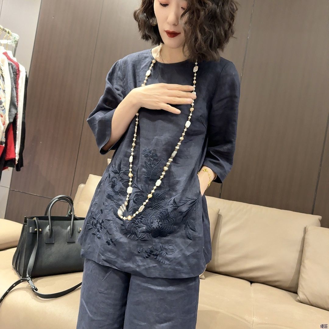 Womens Two-Piece Set New Chinese-Style 34-Sleeve Top With Wide-Leg Pants - Sculptify™