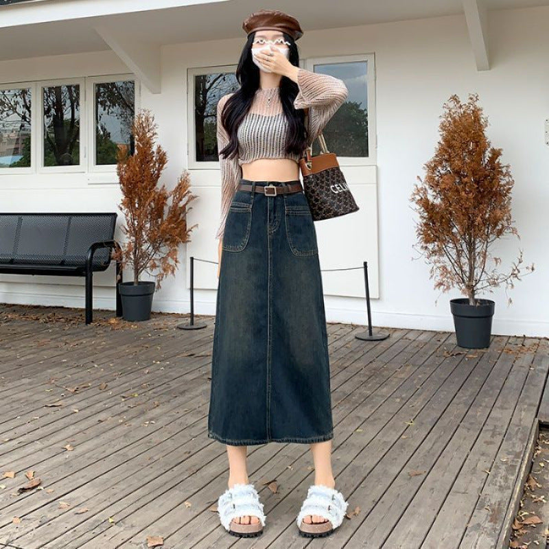 Trendy Three-Quarter High-Waist Denim Skirt