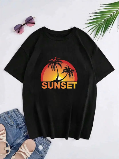 Hong Kong Style Sunset Pattern Printed Short-sleeved T-shirt  Short sleeve t-shirts Sculptify™