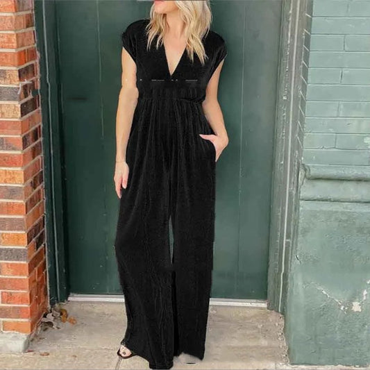 V-neck Short-sleeved High Waist Long Jumpsuit - Sculptify™