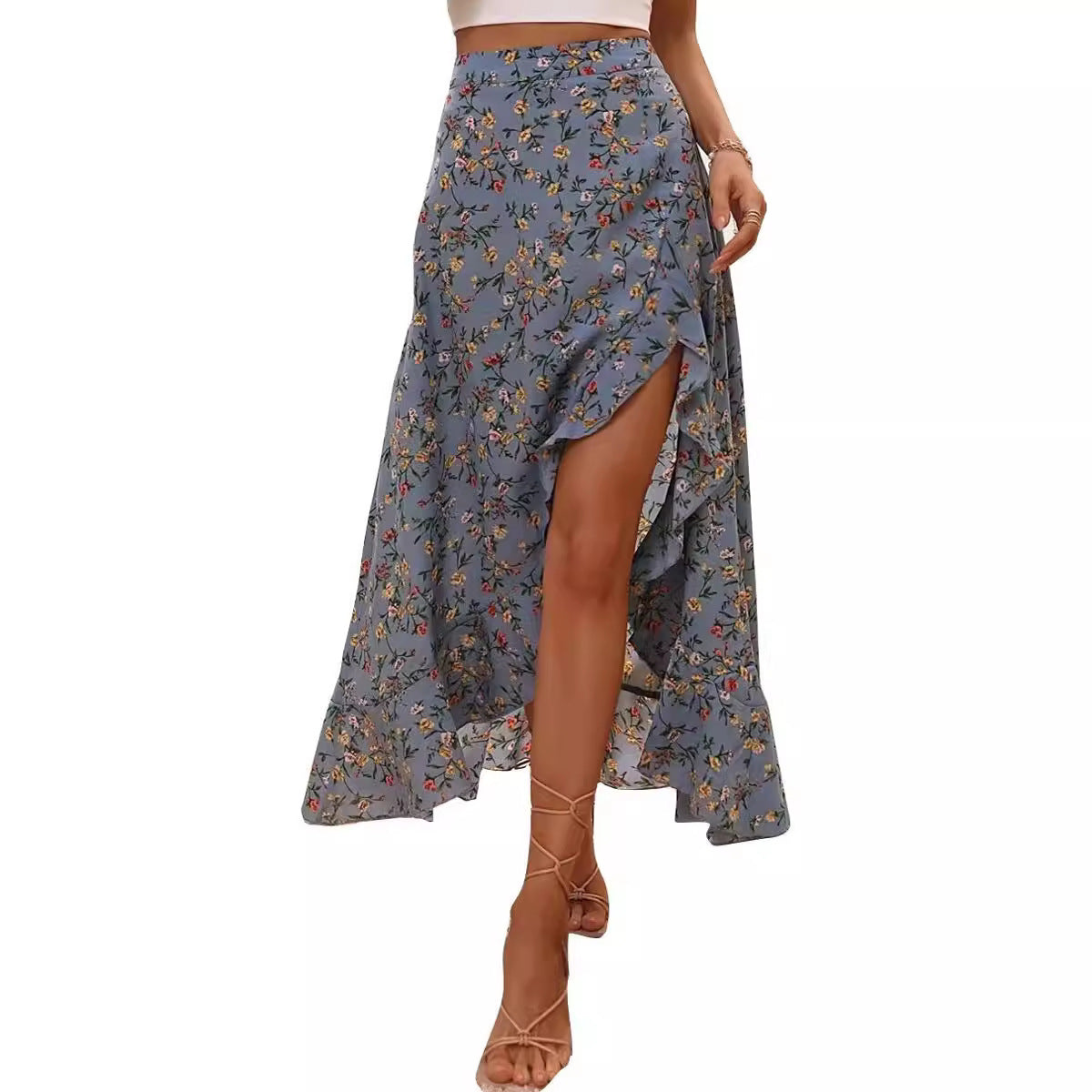 Stylish Ruffle & Side Slit Printed Skirt