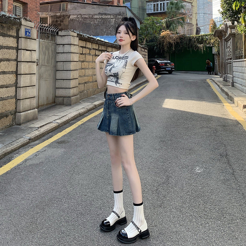 Chic Anti-Exposure Pleated Jean Skirt