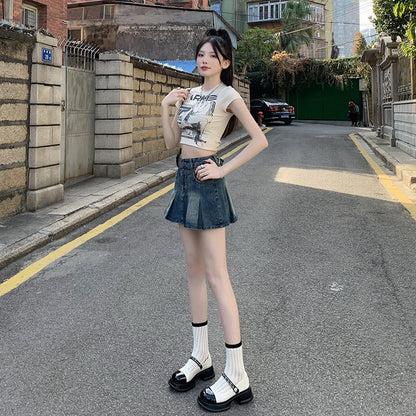 Chic Anti-Exposure Pleated Jean Skirt