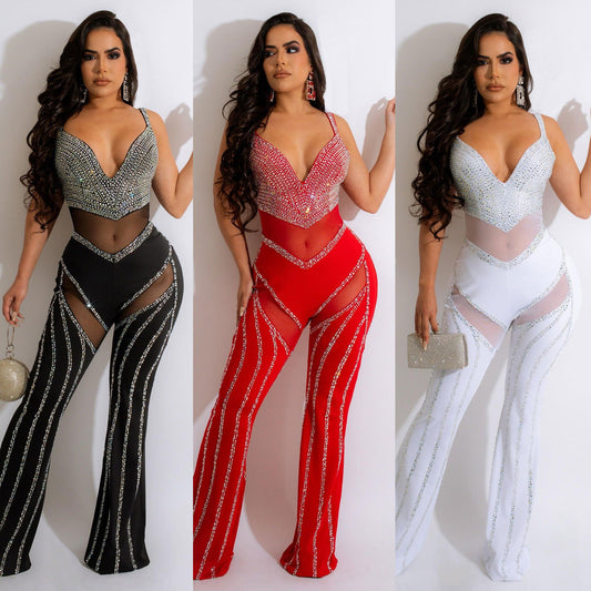Women's See-through Deep V Rhinestone Jumpsuit - Sculptify™