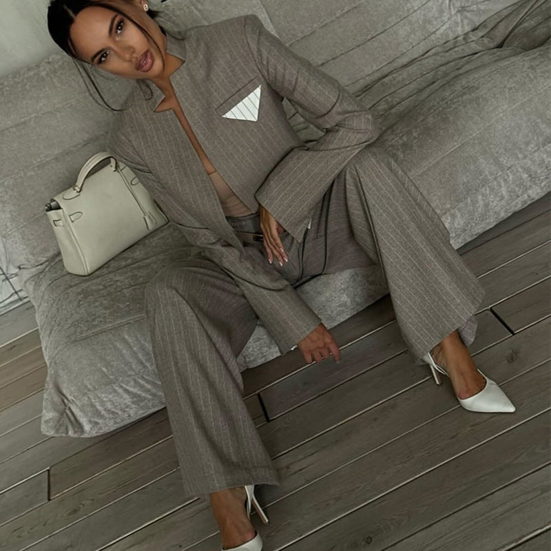 Chic And Stylish Striped Blazer And Suit Pants Casual Set - Sculptify™