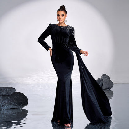Velvet Round Neck Long Sleeve Rhinestone Evening Dress - Sculptify™