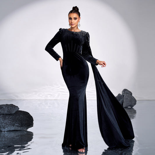Velvet Round Neck Long Sleeve Rhinestone Evening Dress - Sculptify™