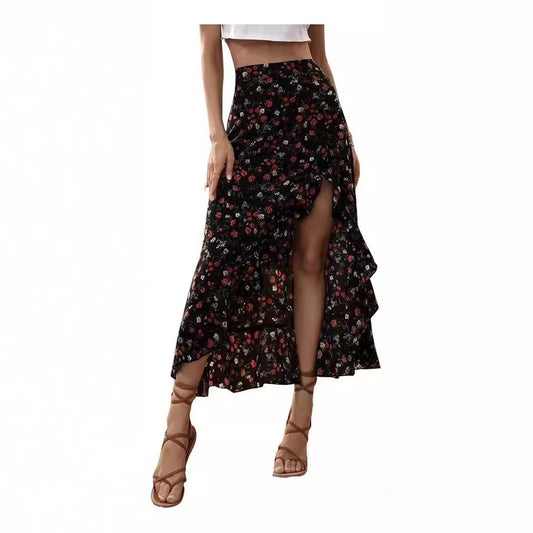 Stylish Ruffle & Side Slit Printed Skirt