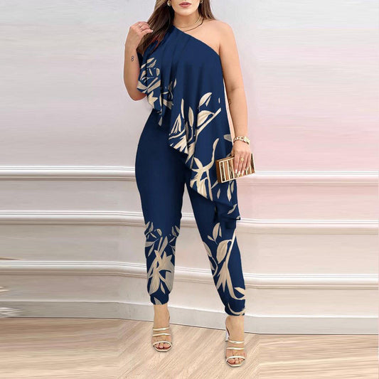 Printed One-shoulder Ruffled Jumpsuit - Sculptify™