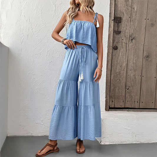 Strappy Top And Wide-leg Pants Textured Resort Set - Sculptify™