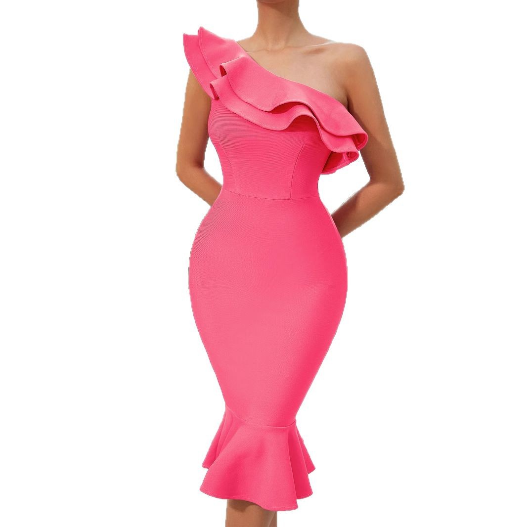European And American Fashionable Off-shoulder Bandage Dress Ruffled Off-shoulder Evening Dress - Sculptify™