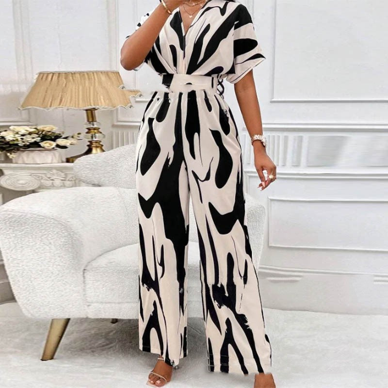 V-neck Loose Printed Long Jumpsuit - Sculptify™
