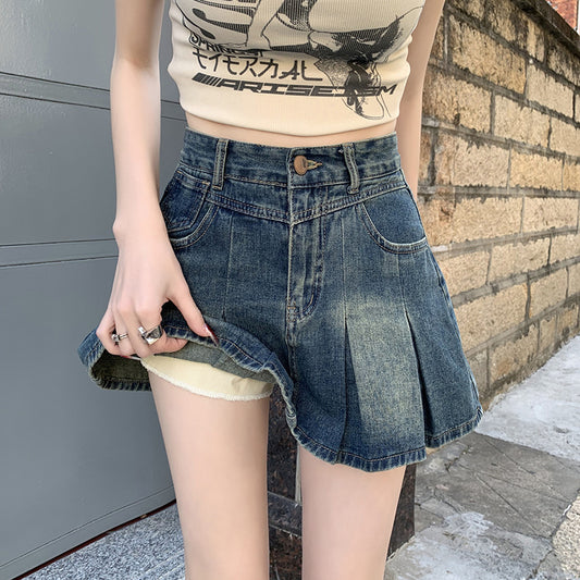 Chic Anti-Exposure Pleated Jean Skirt