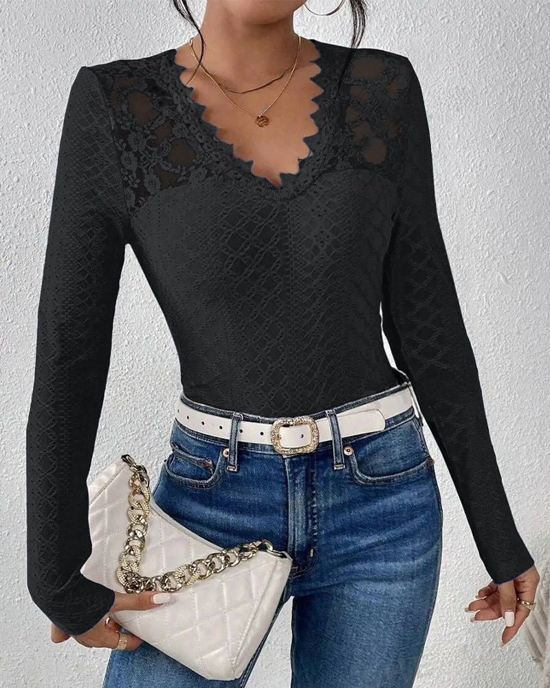 Solid-color V-neck Lace-panel Long-sleeve T-shirt Top For Womenelegant Style - Sculptify™