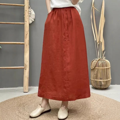 High-Waist Lace-Up Linen Pencil Skirt
