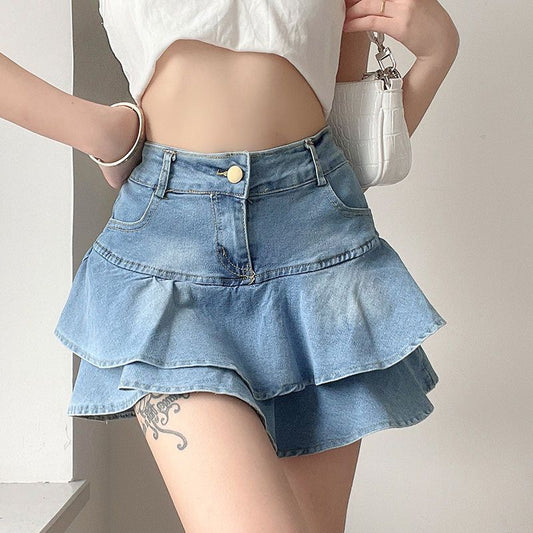 Classic Retro Double-Layer Denim Skirt