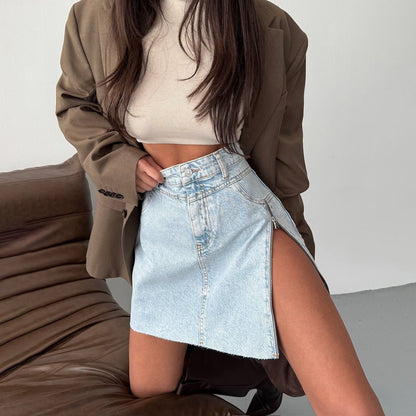 Casual Zipper Detail Slit Denim Skirt