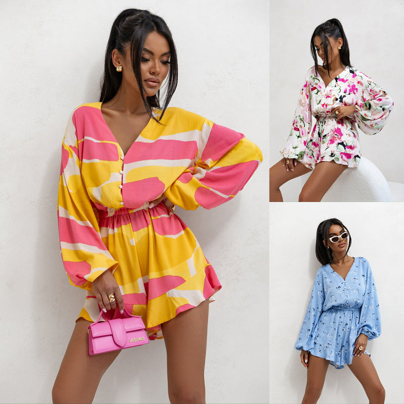 Printed V-neck Long Sleeve Jumpsuit - Sculptify™