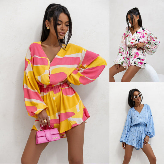 Printed V-neck Long Sleeve Jumpsuit - Sculptify™