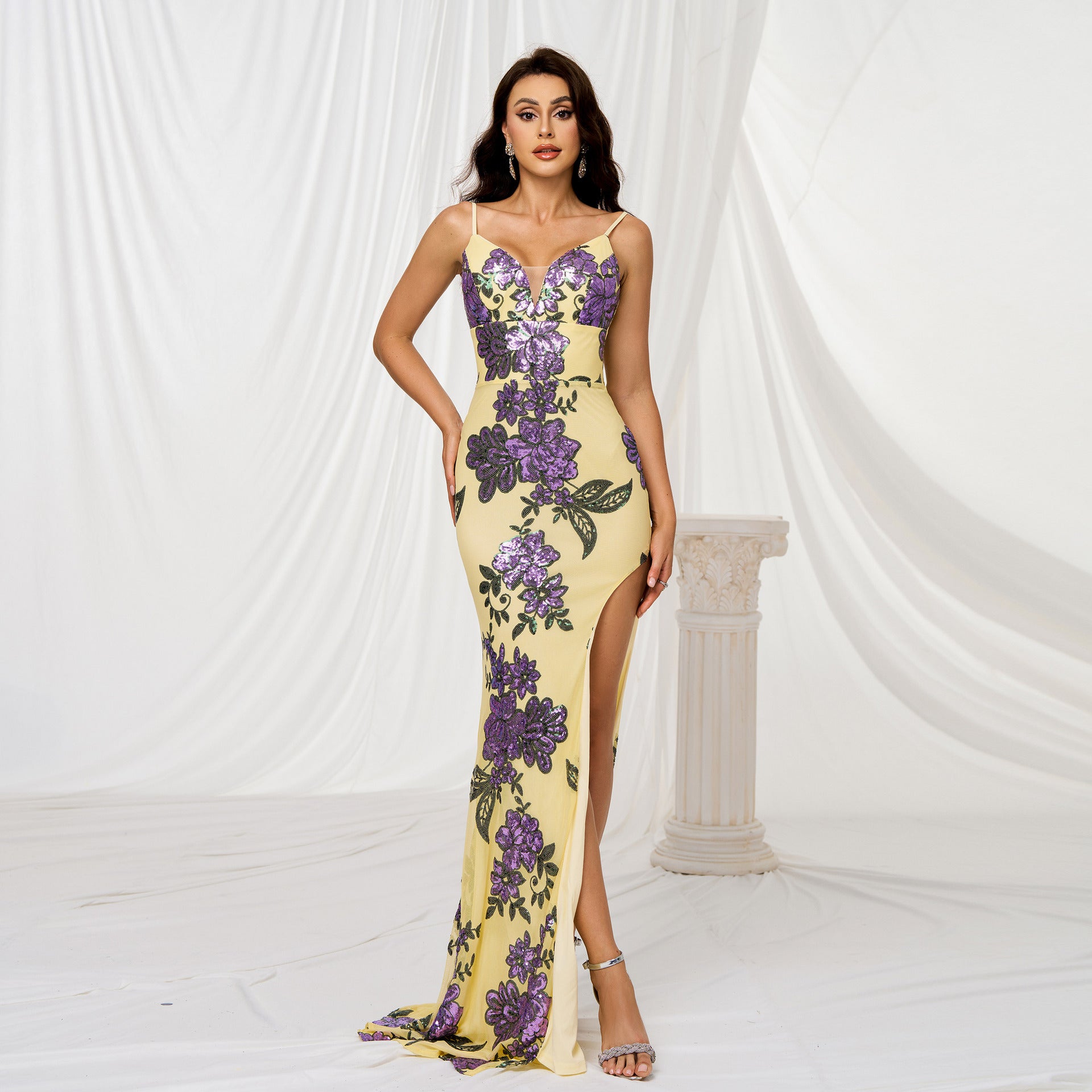 V-neck Brace Slim-fit Sheath Sequined Slit Evening Dress - Sculptify™