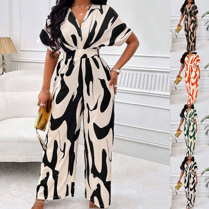 V-neck Loose Printed Long Jumpsuit - Sculptify™