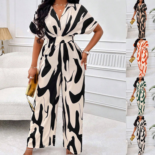 V-neck Loose Printed Long Jumpsuit - Sculptify™