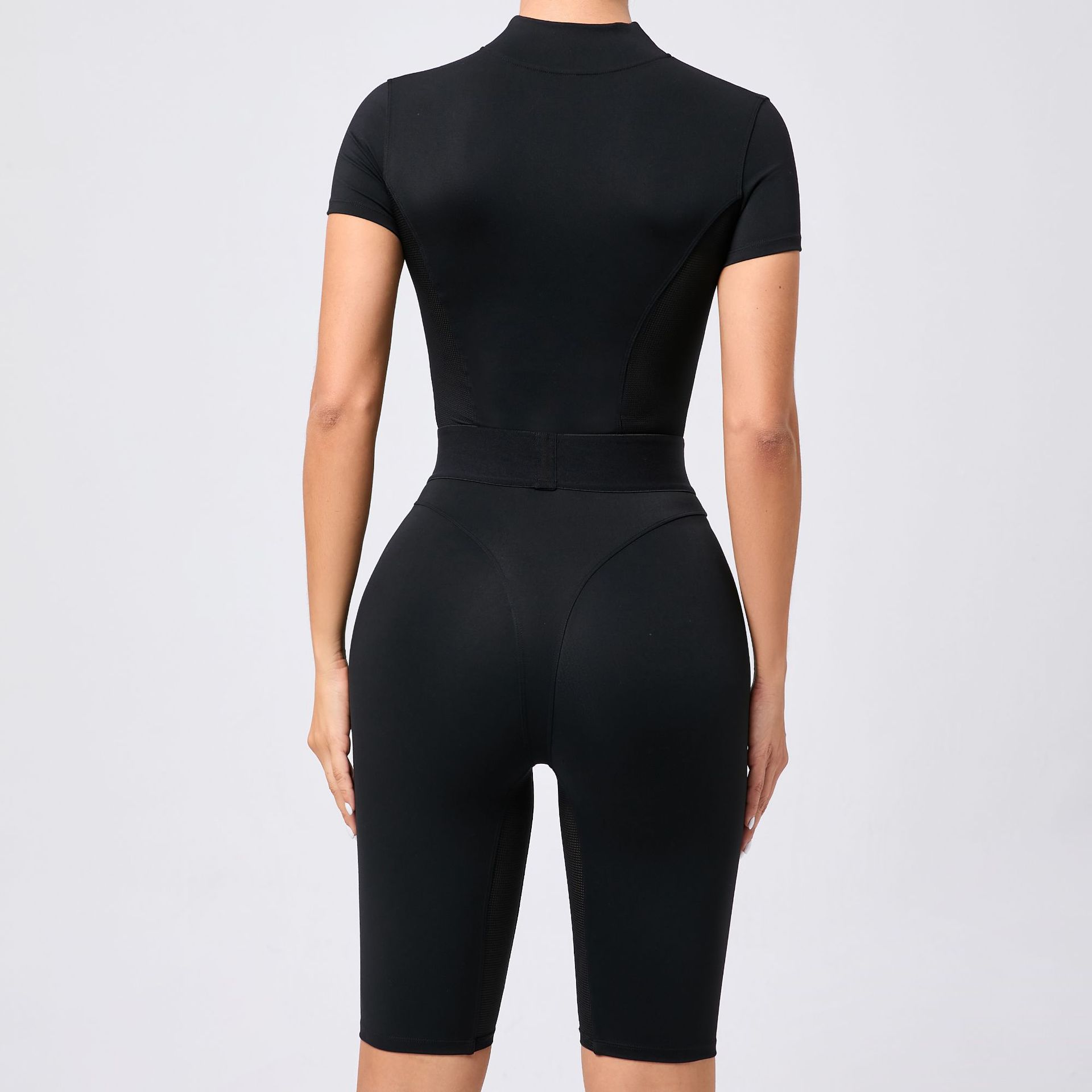 Tight Waist Open Collar Zipper Short Sleeve Yoga Jumpsuit Women - Sculptify™