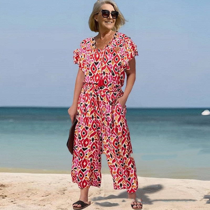 Loose Short Sleeve V-neck Printed Jumpsuit - Sculptify™