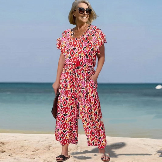 Loose Short Sleeve V-neck Printed Jumpsuit - Sculptify™