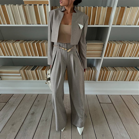 Chic And Stylish Striped Blazer And Suit Pants Casual Set - Sculptify™