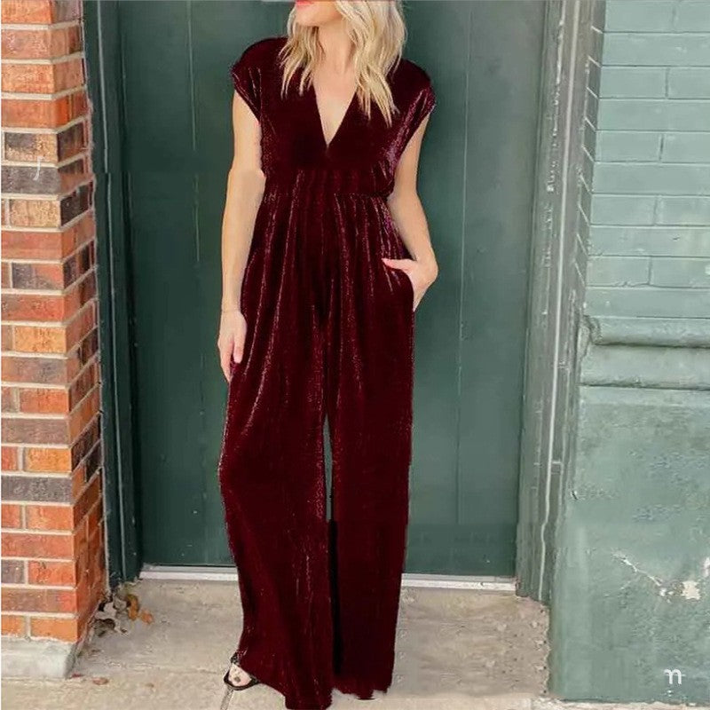 V-neck Short-sleeved High Waist Long Jumpsuit - Sculptify™