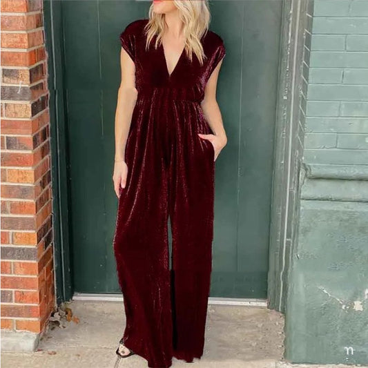 V-neck Short-sleeved High Waist Long Jumpsuit - Sculptify™