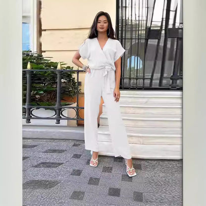 Women's Short-sleeved V-neck Pocket Jumpsuit - Sculptify™