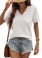 Womens V-neck Casual Waffle-knit Lace-panel Short-sleeve Top  Short sleeve t-shirts Sculptify™