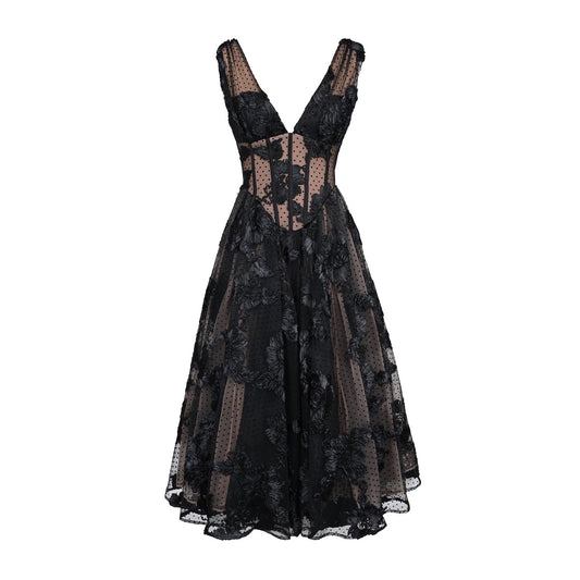 Black Deep V-neck Mesh A- Line High-end Evening Dress - Sculptify™