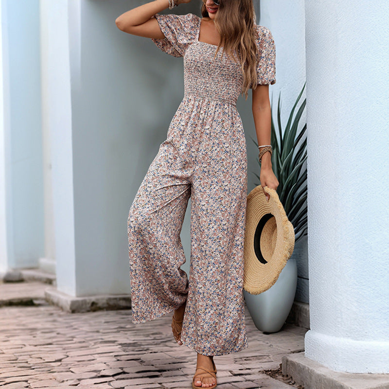 Square Collar Puff Sleeve Vacation Style Floral Jumpsuit - Sculptify™