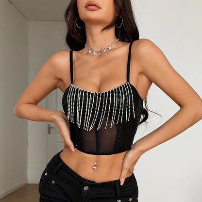 Womens Patchwork Diamond-Chain Fishbone Midriff-Baring Tank Top With Zipper - Sculptify™